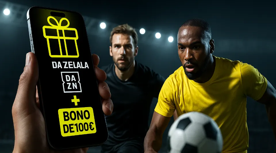 Jugadores de fútbol y smartphone con sitio web de bet dazn